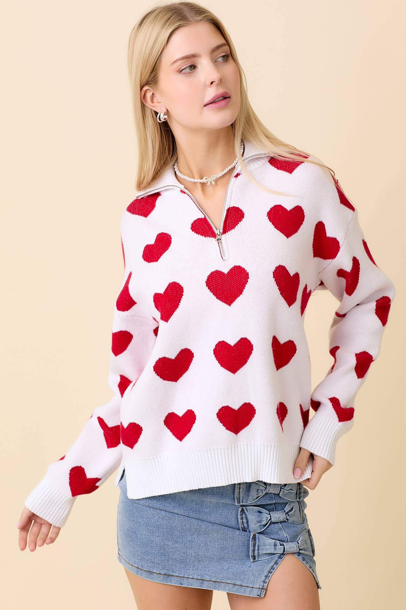 Heart Knitted Jacquard Half Zip Sweater