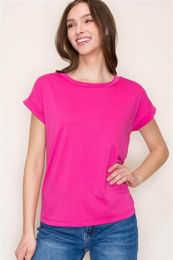 Wide Crew Neck Short Sleeve Terry Top - Fuchsia