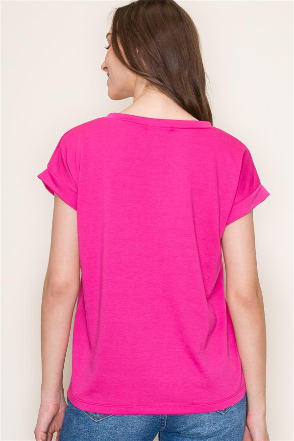 Wide Crew Neck Short Sleeve Terry Top - Fuchsia