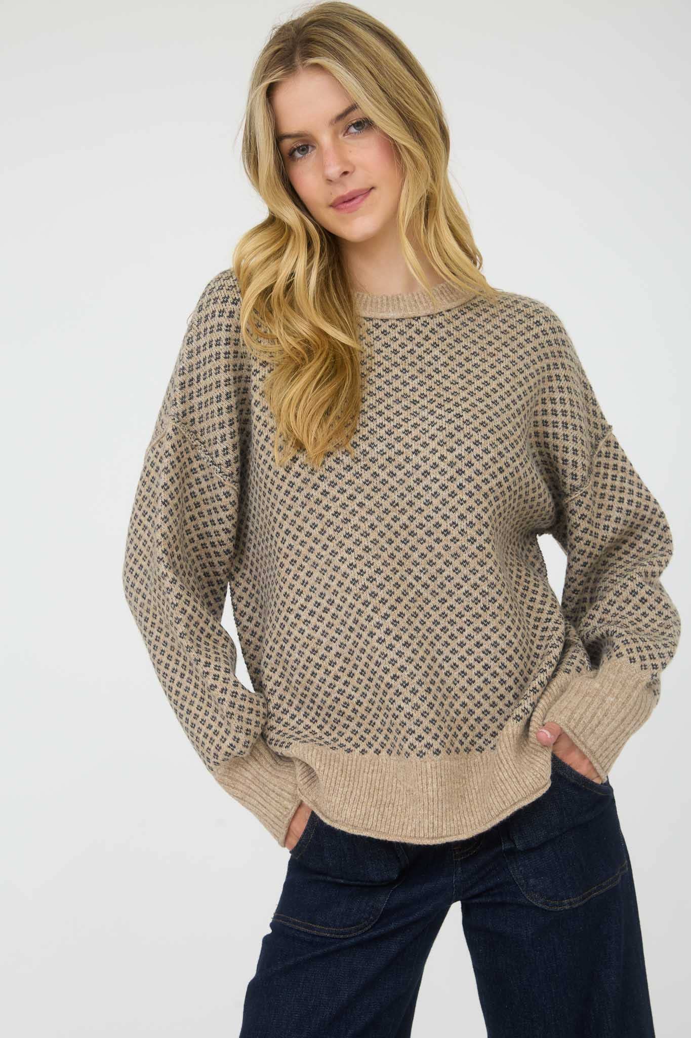 KHAKI MINI JACQUARD CREW NECK LONG SLEEVE KNIT SWEATER