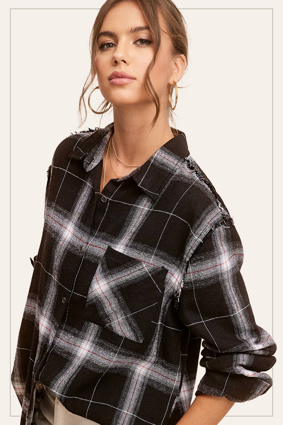 Loose Fit Button Down Cut Edge Detailed Plaid Shirts