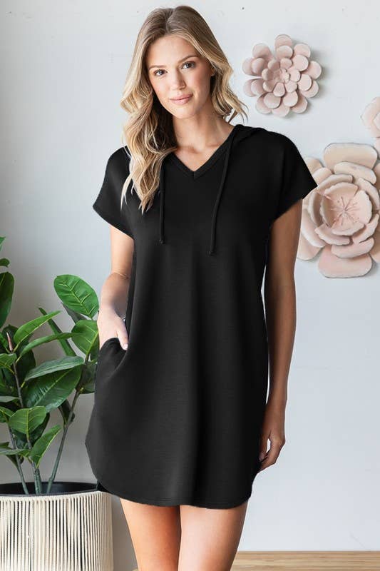 BLACK SOLID MODAL SCUBA HOODIE MINI DRESS