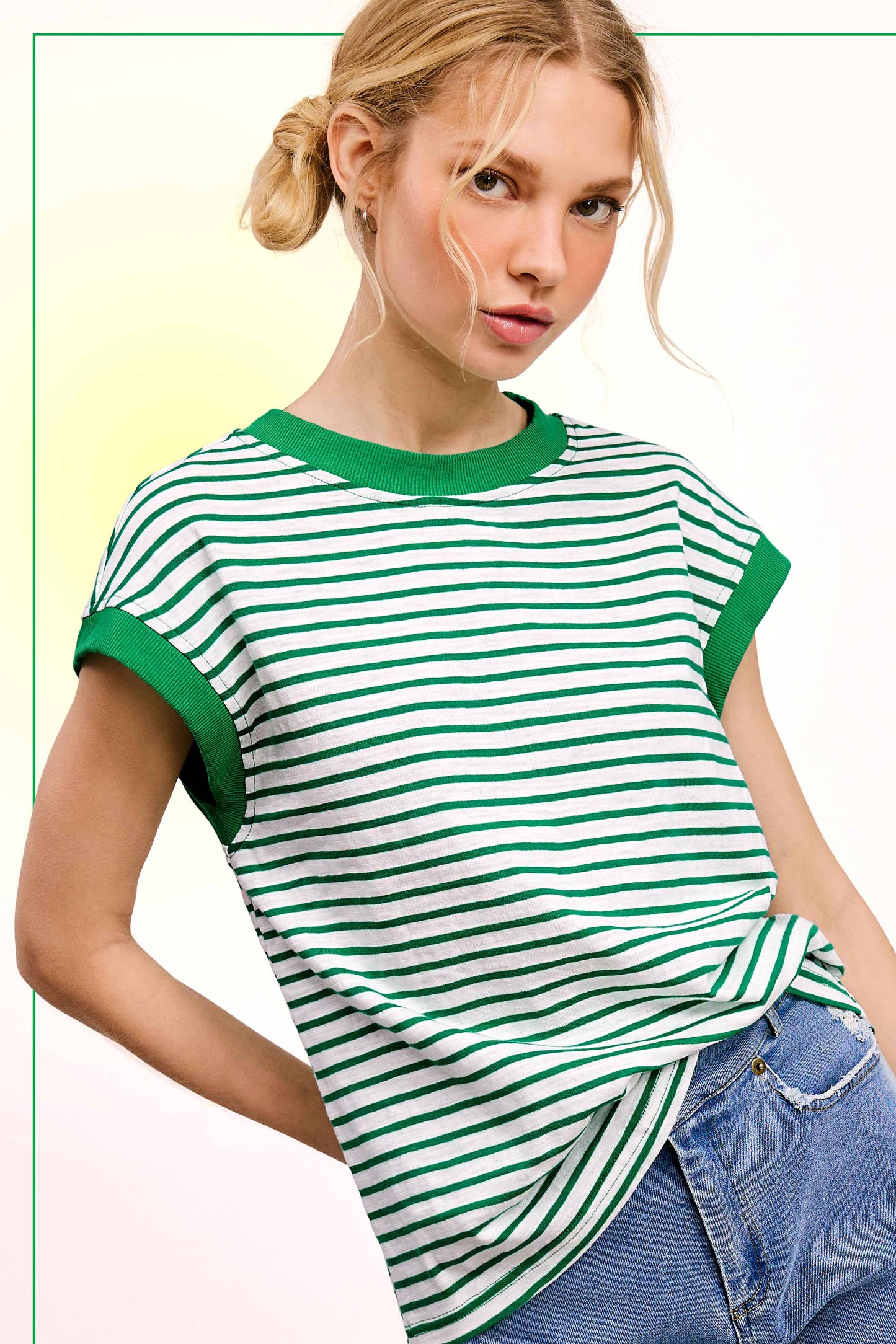 Green Nautical Cap Sleeve Striped Top