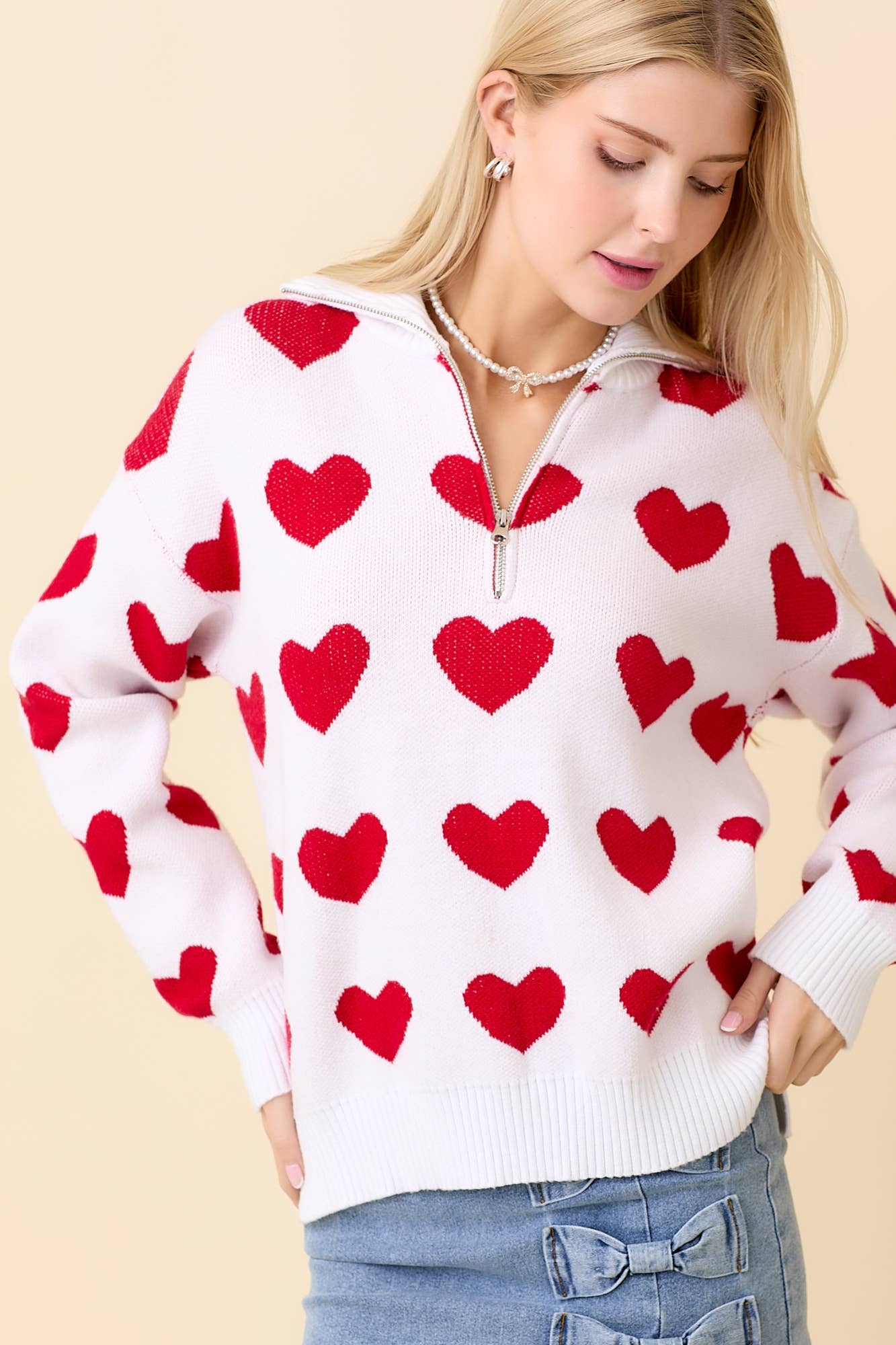 Heart Knitted Jacquard Half Zip Sweater