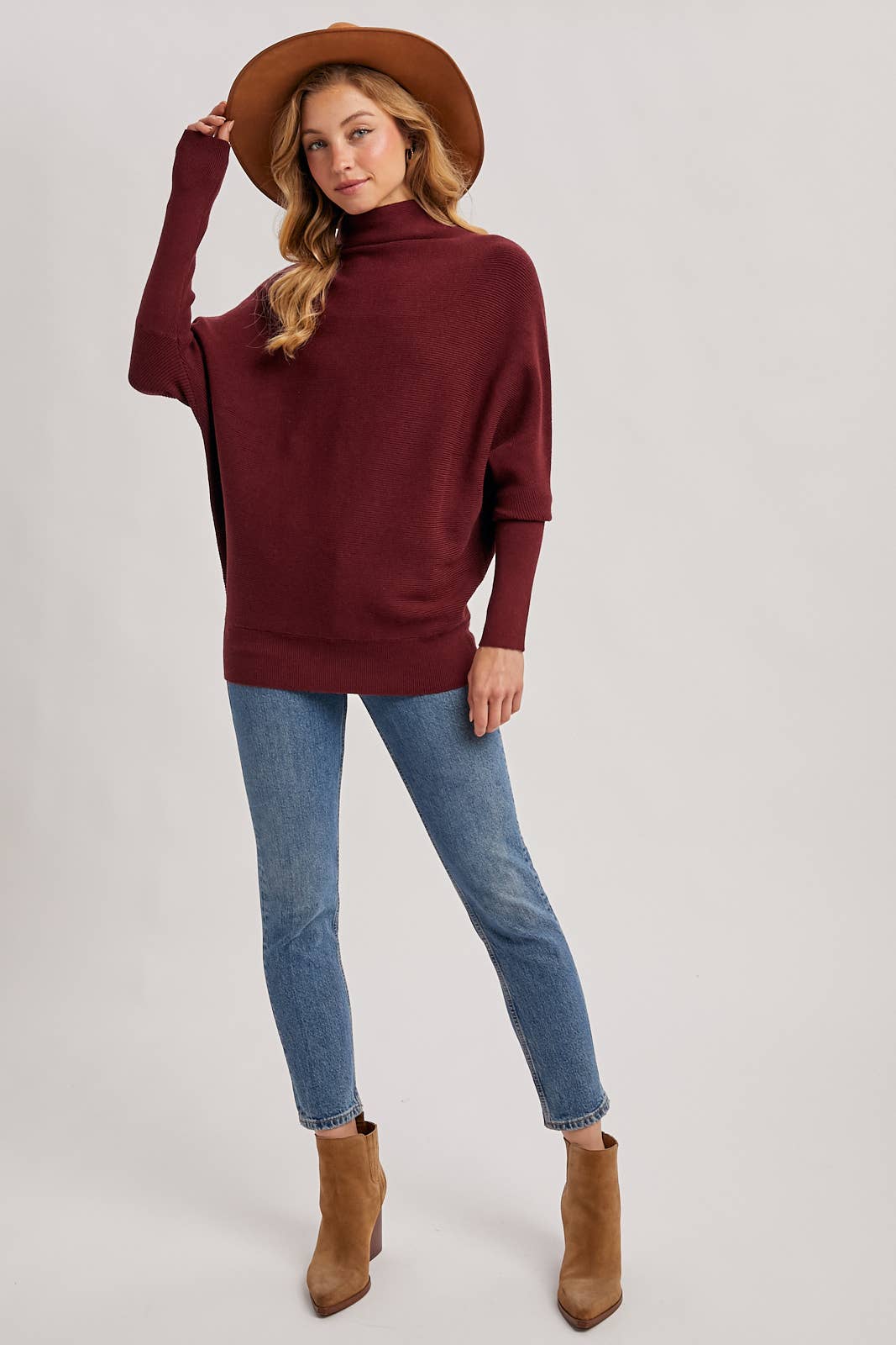 MAROON SLOUCH NECK DOLMAN SLEEVED PULLOVER