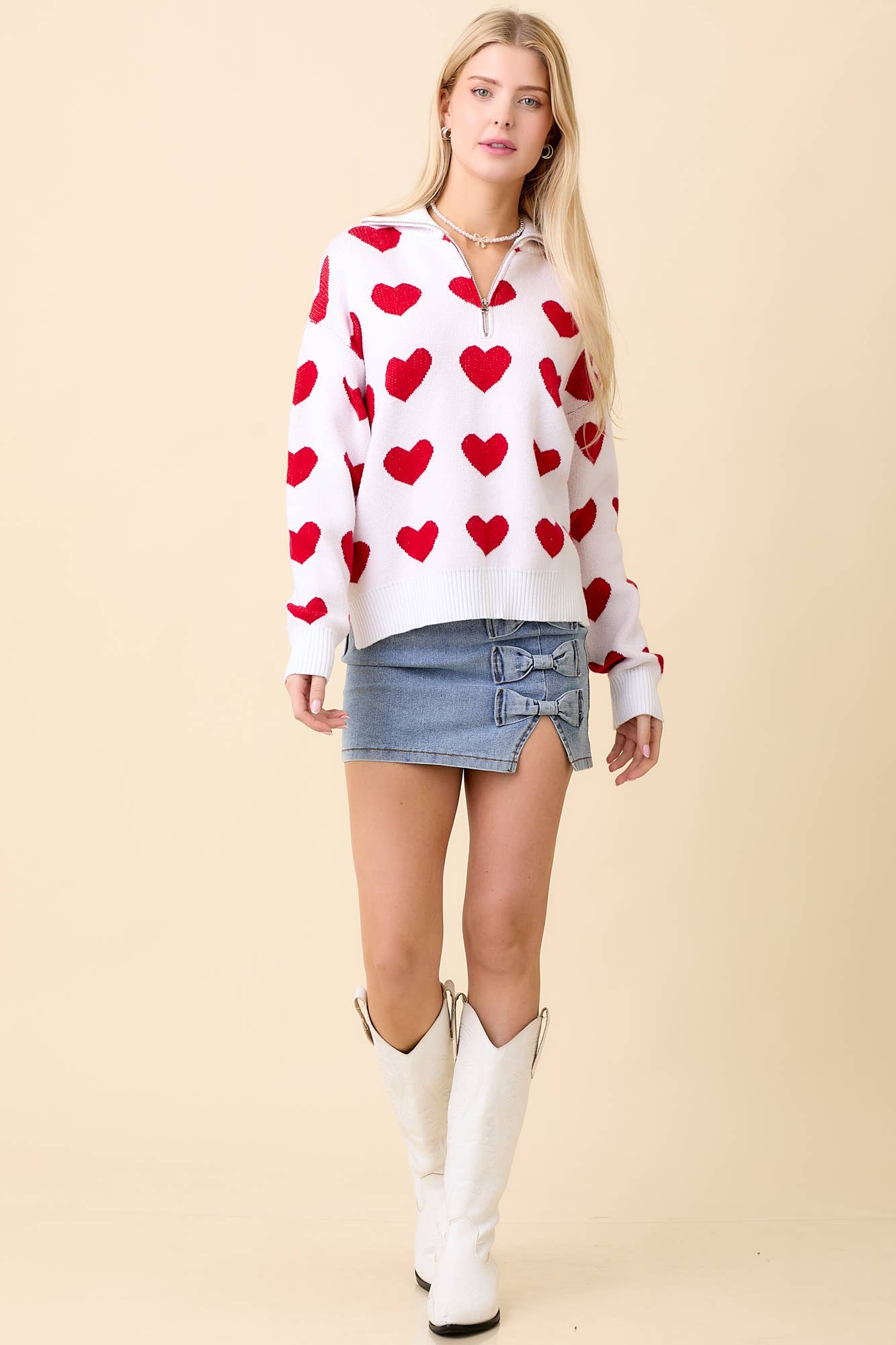 Heart Knitted Jacquard Half Zip Sweater