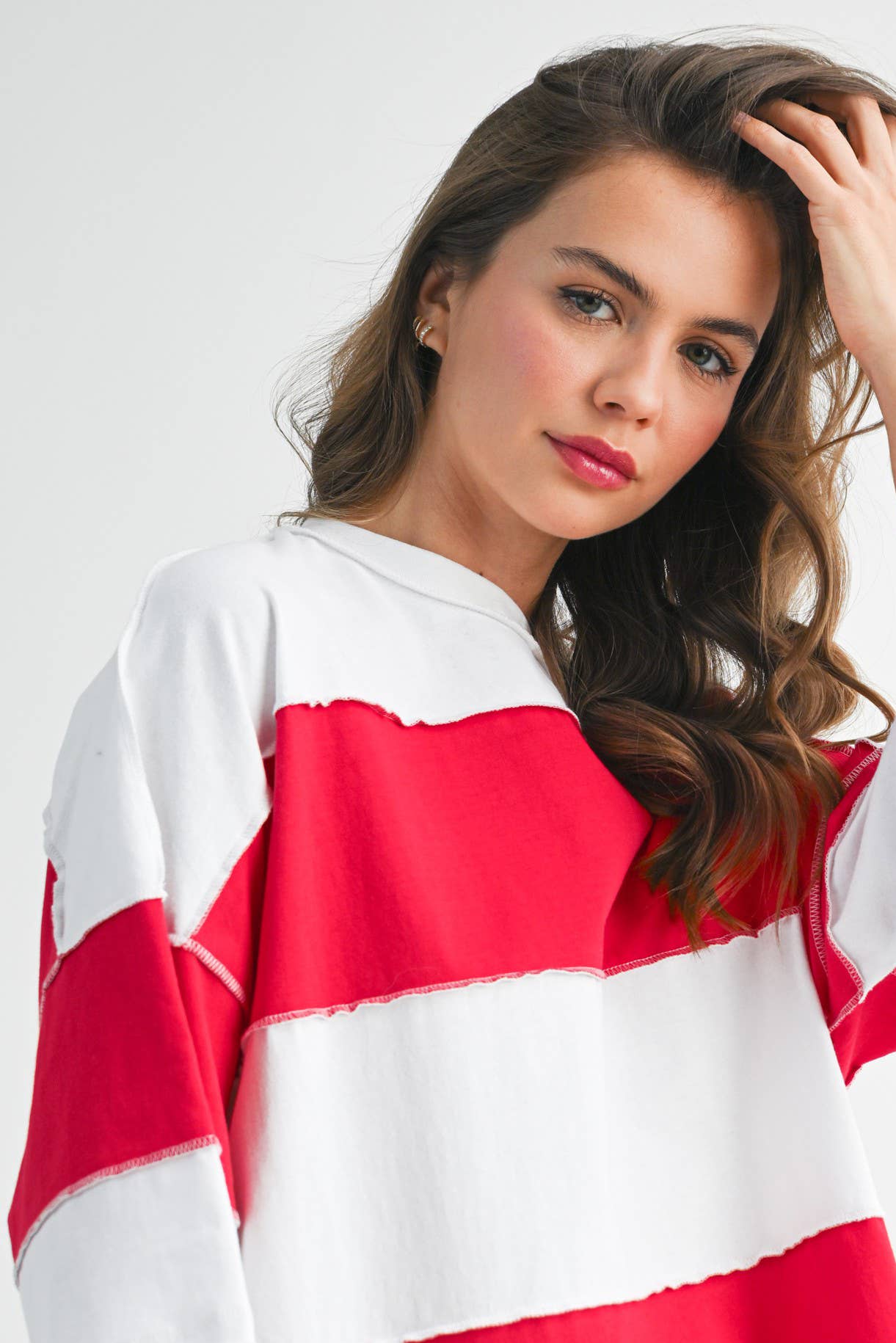 Red and White Contrast Panel Long Sleeve Slouchy Top