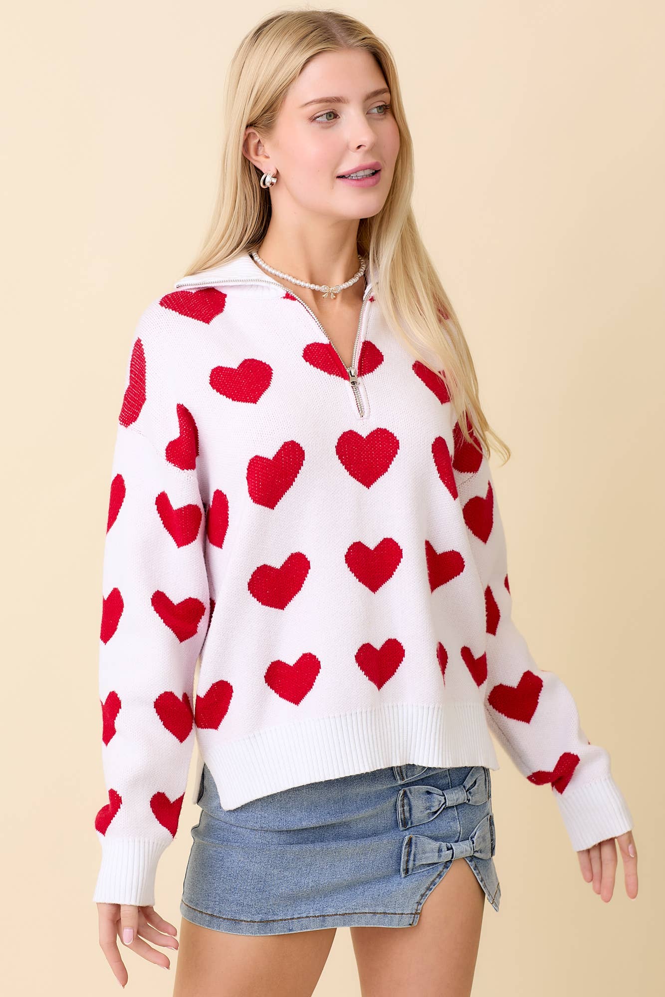Heart Knitted Jacquard Half Zip Sweater