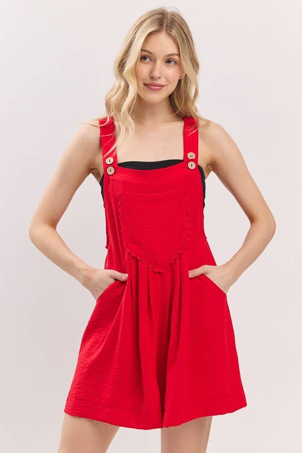 Red Scallop Pocket Strap Game day Romper