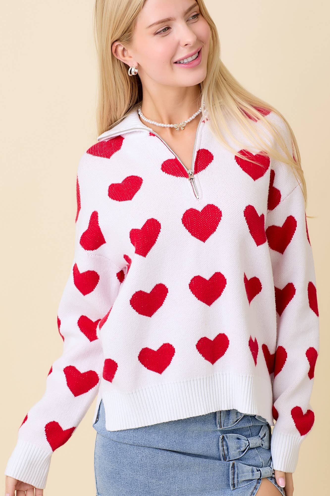 Heart Knitted Jacquard Half Zip Sweater