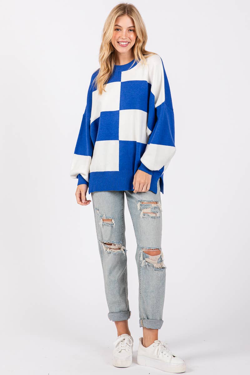 ROYAL/WHITE GAME DAY CHECKERED SWEATER
