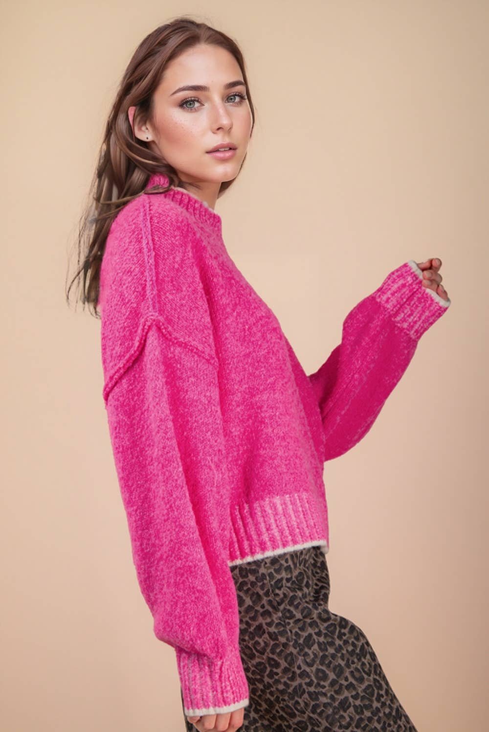 Hot Pink Oversized Casual Mock Neck Knit Sweater Top