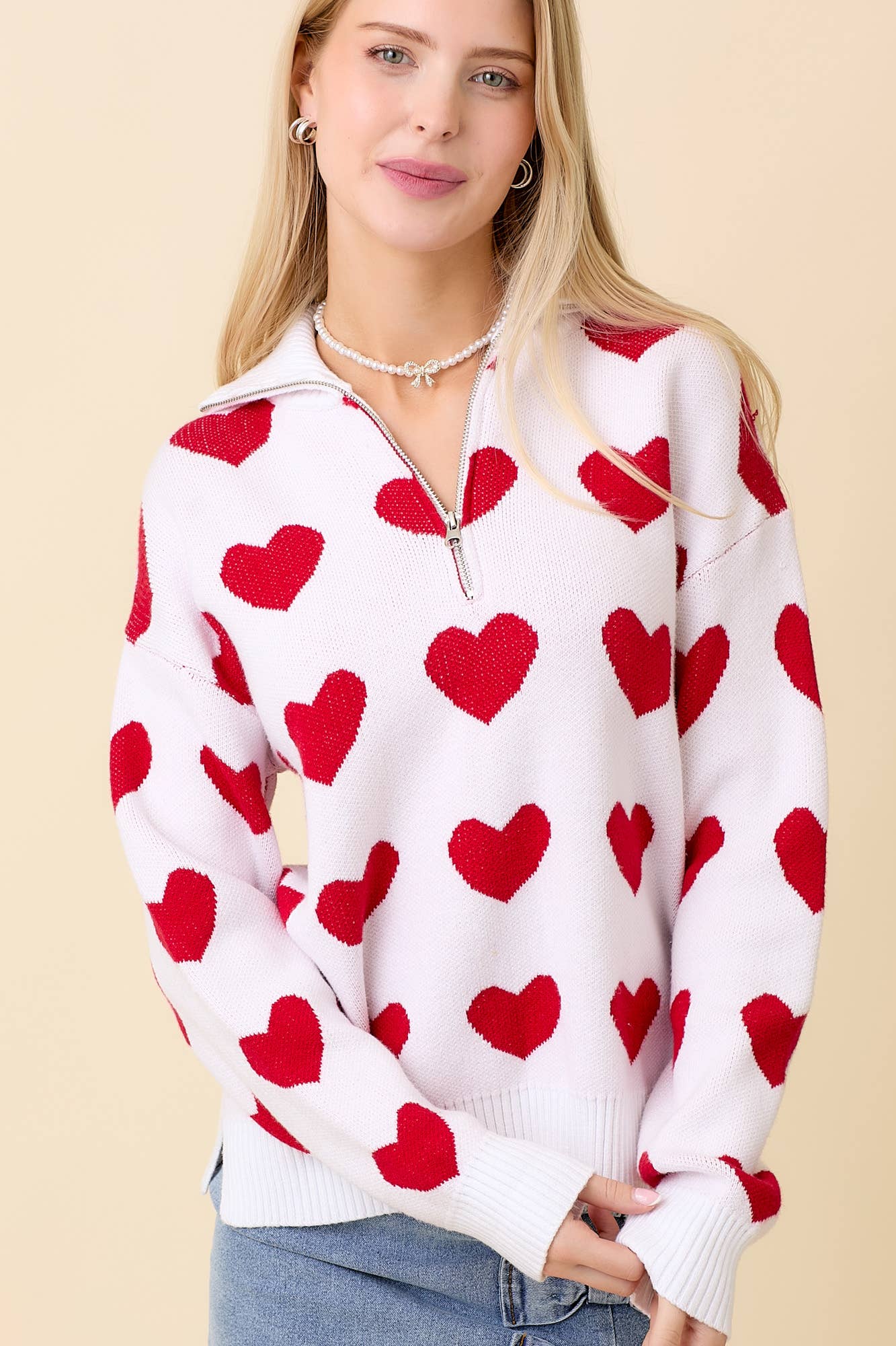 Heart Knitted Jacquard Half Zip Sweater