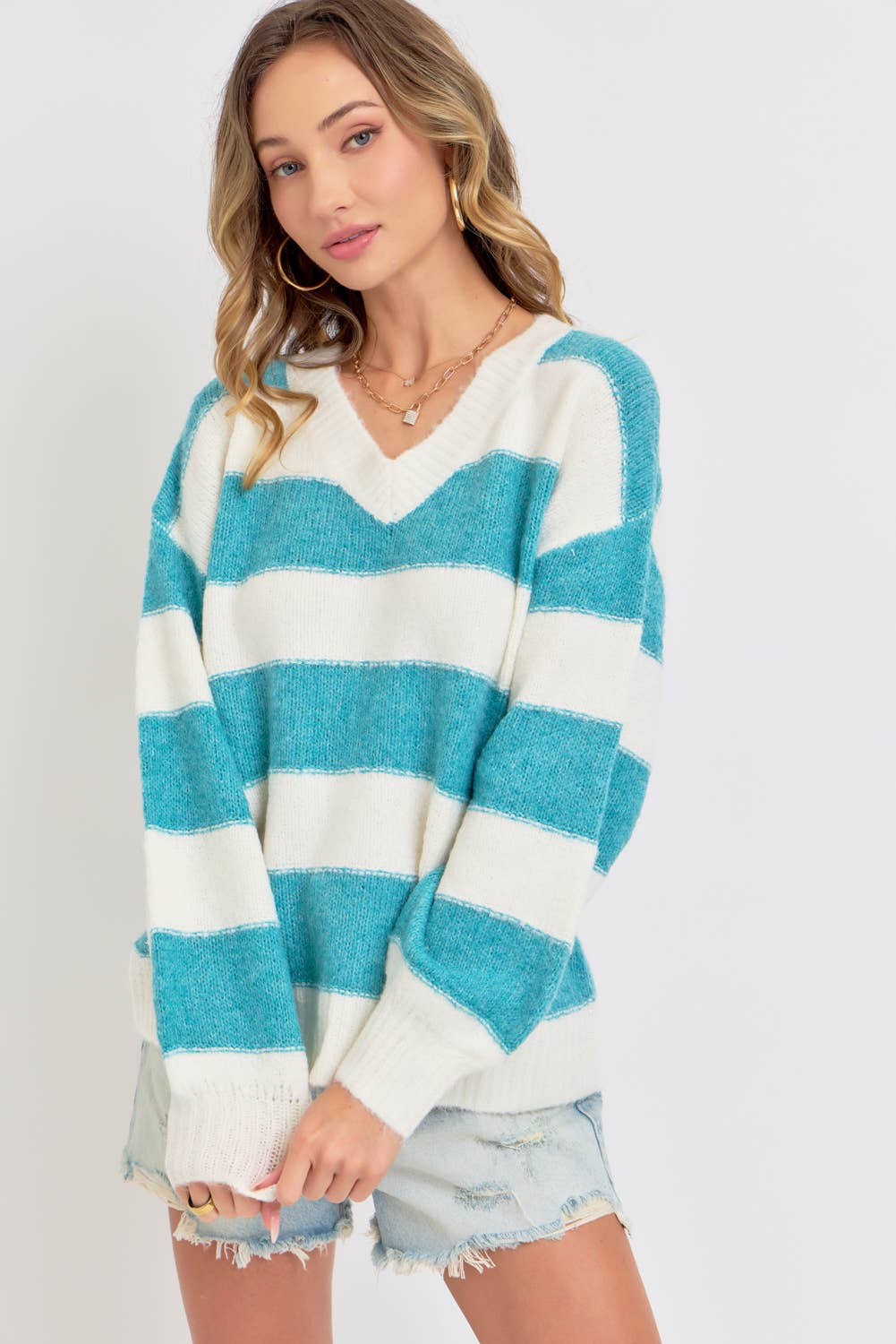 Teal Blue Striped Sweater