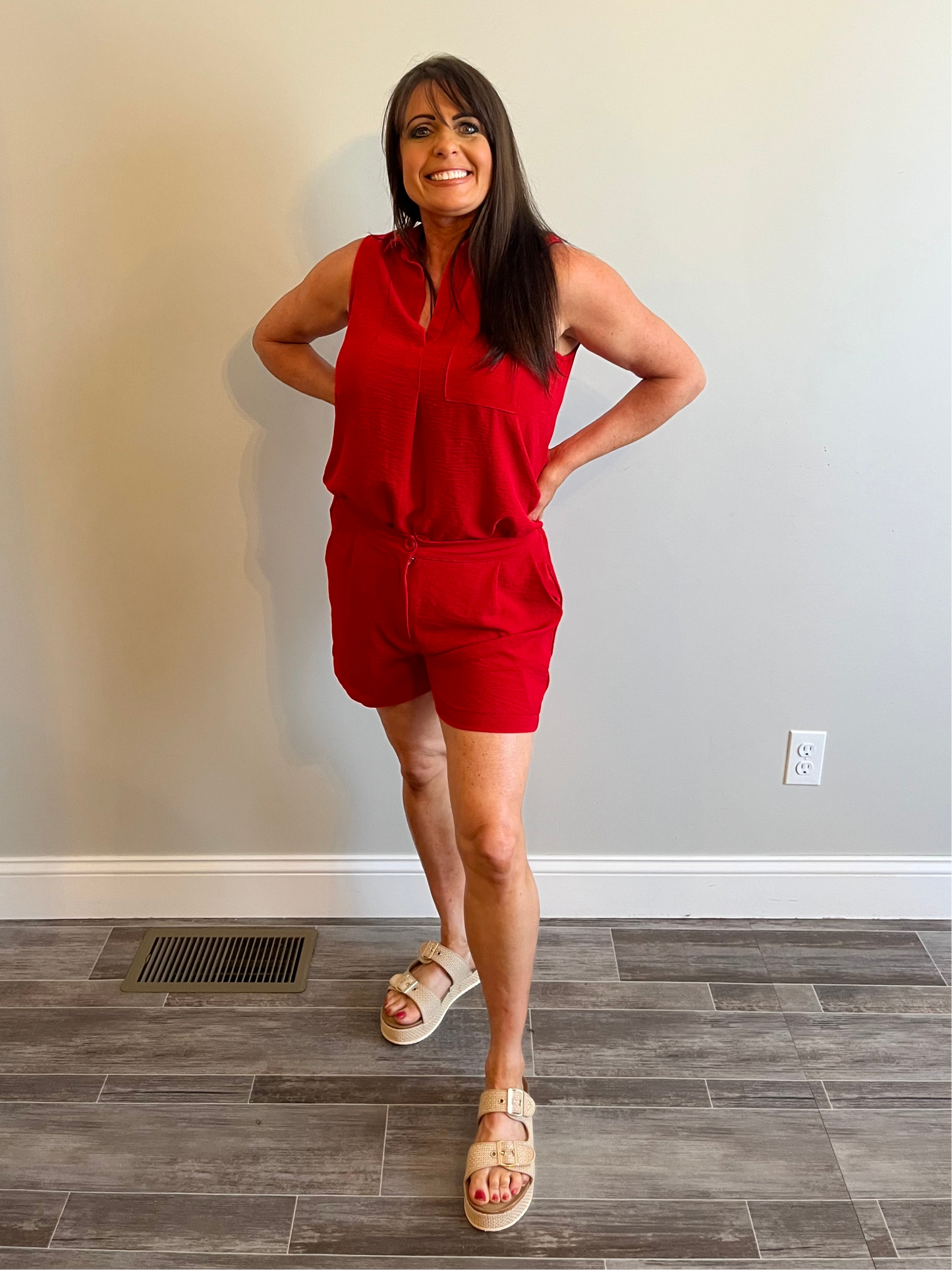 Red Vneck Collard Tank with Pocket