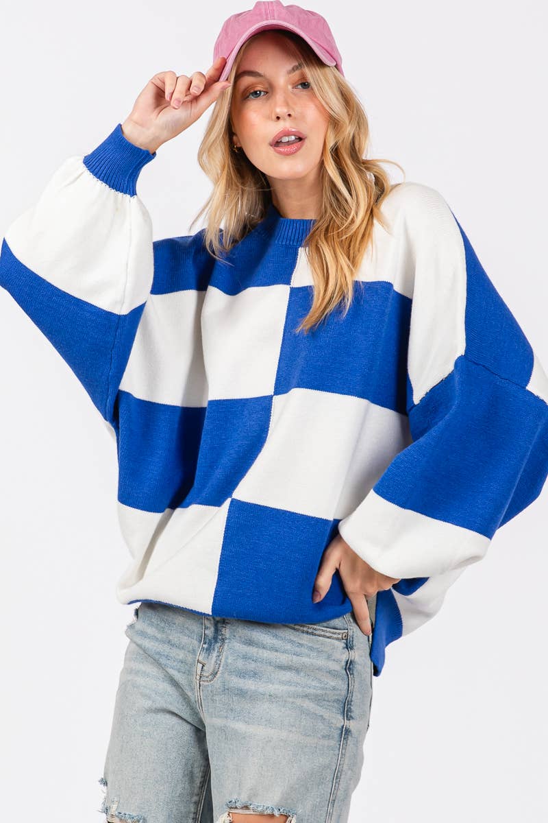 ROYAL/WHITE GAME DAY CHECKERED SWEATER