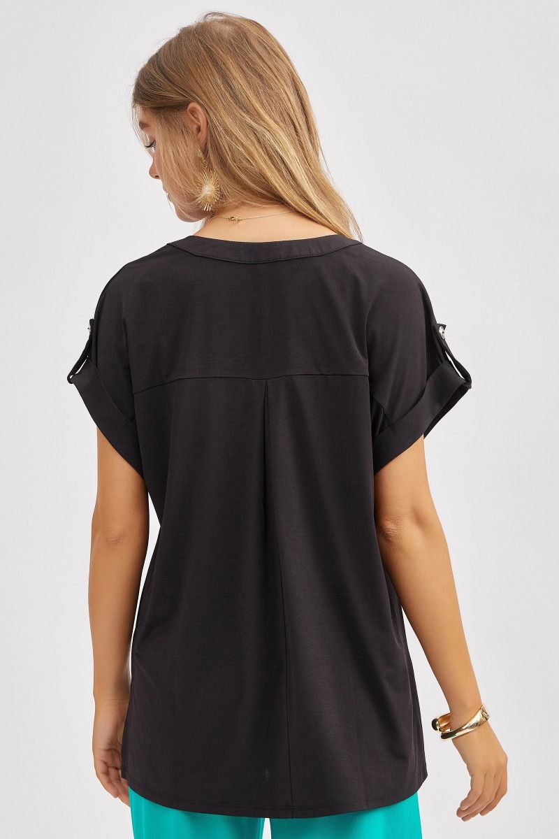 Black Wrinkle Free Button Sleeve Top