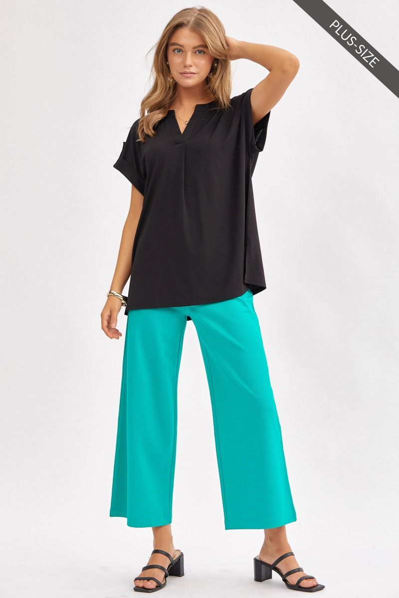 Black Plus Wrinkle Free Button Sleeve Top