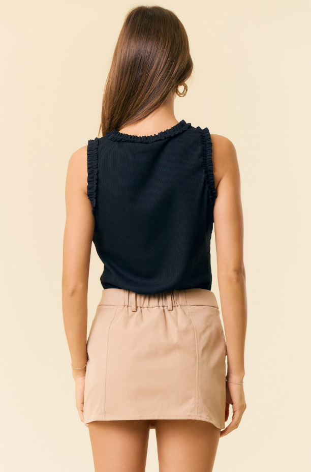 Black - Ribbed Tank with Ruffle Detail
