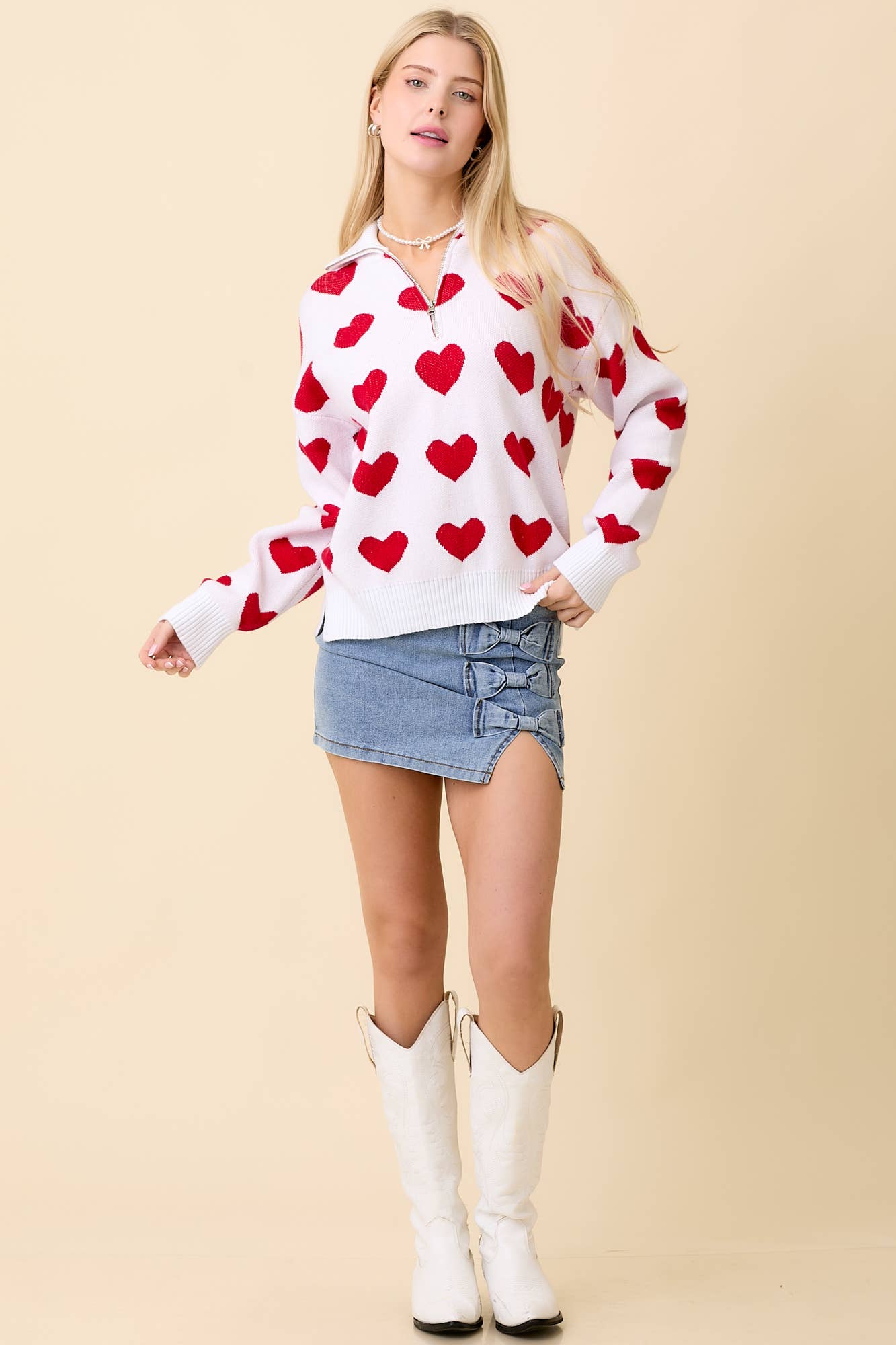 Heart Knitted Jacquard Half Zip Sweater
