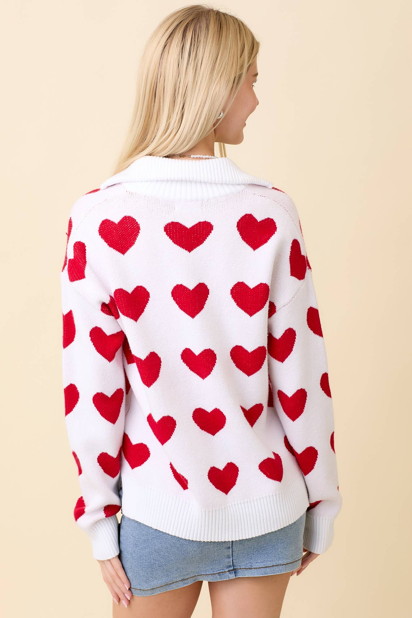 Heart Knitted Jacquard Half Zip Sweater