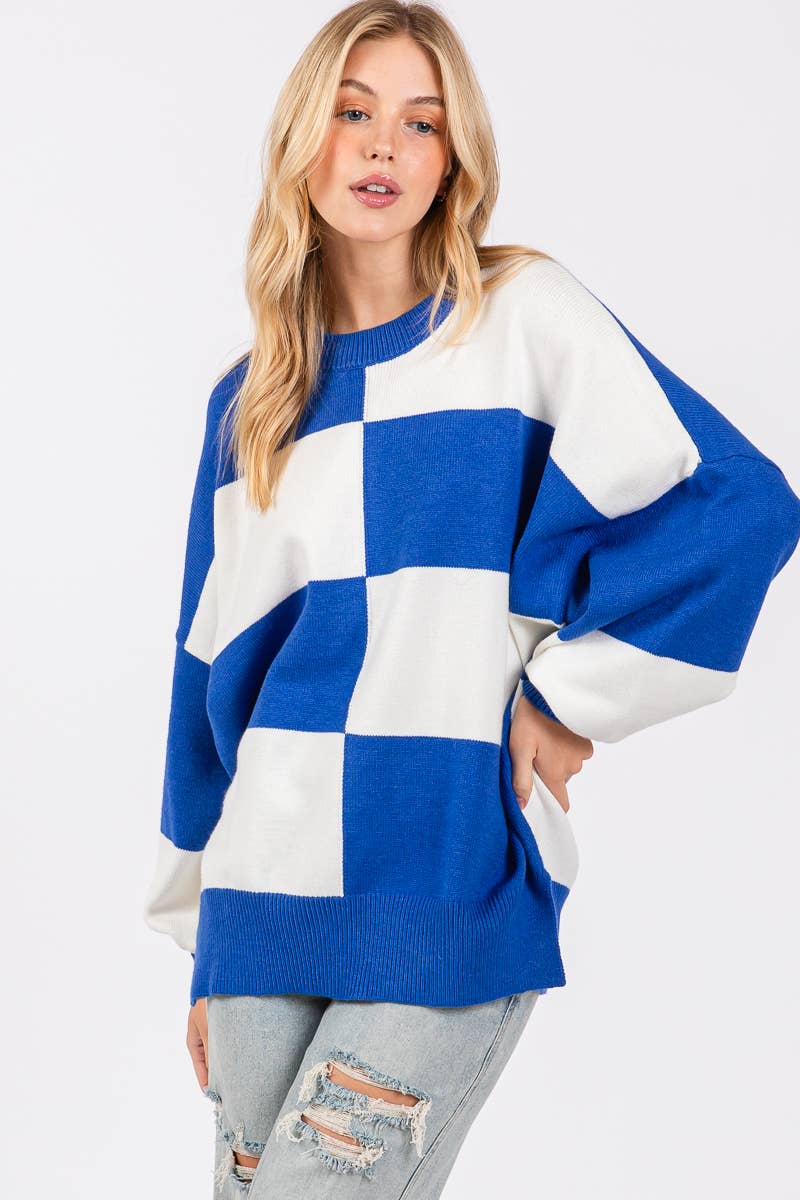 ROYAL/WHITE GAME DAY CHECKERED SWEATER