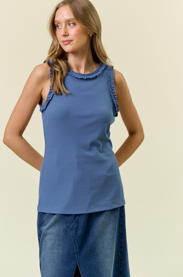 Denim - Ribbed Tank with Ruffle Detail