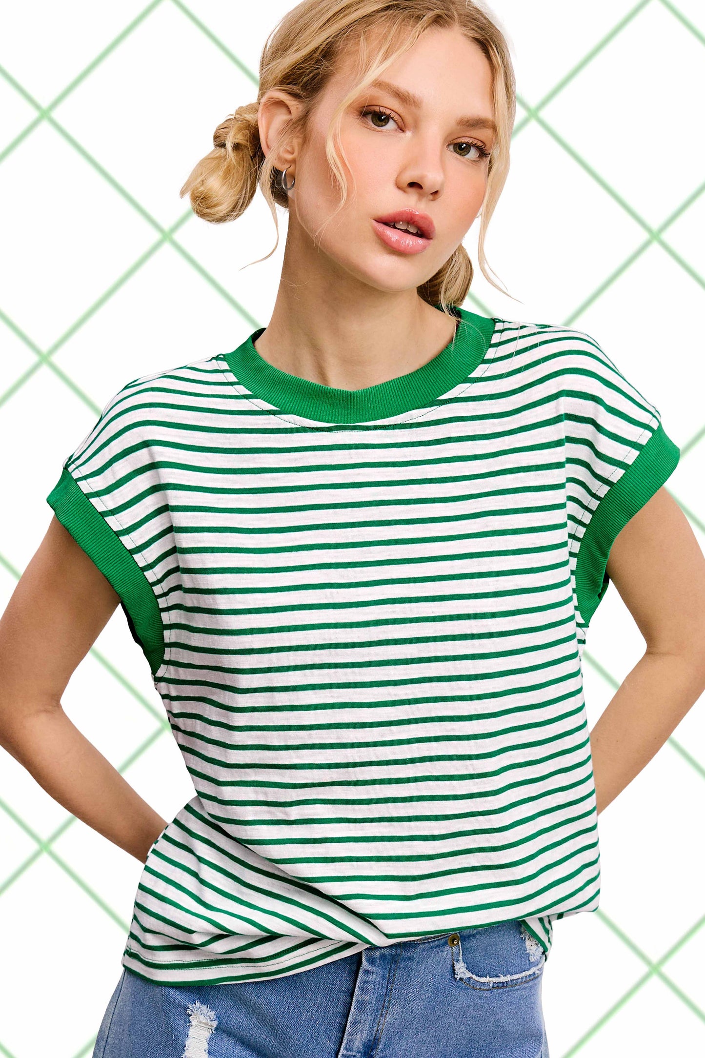 Green Nautical Cap Sleeve Striped Top