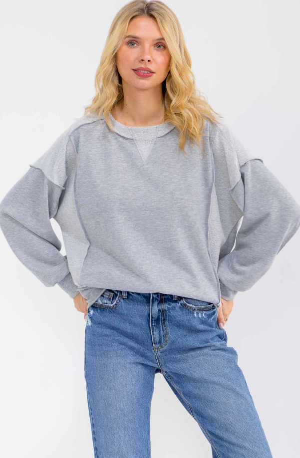 Heather Grey - Solid Knit Exposed Seam Pullover Top