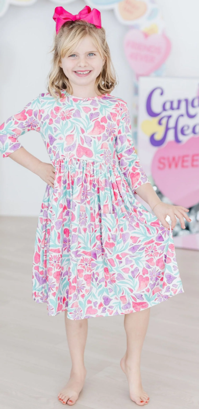 Watercolor Hearts 3/4 Sleeve Pocket Twirl Dress