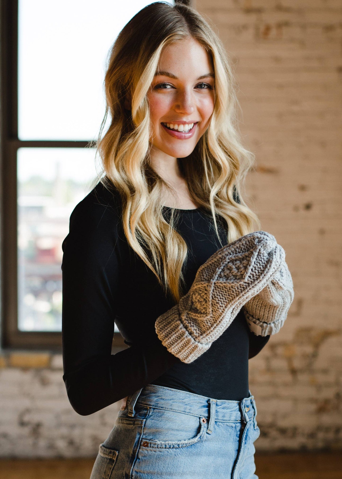 Light Grey Cable Knit Mittens