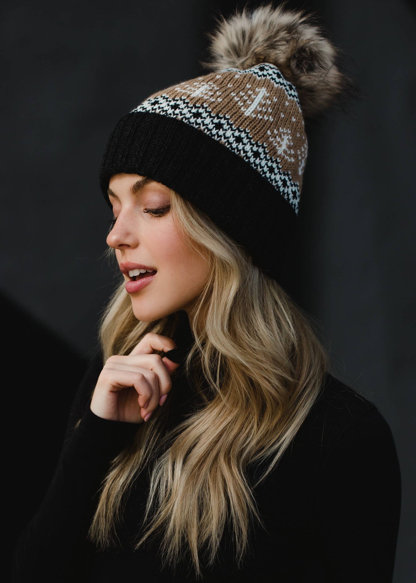 Tan, White & Charcoal Winter Pattern Pom Hat