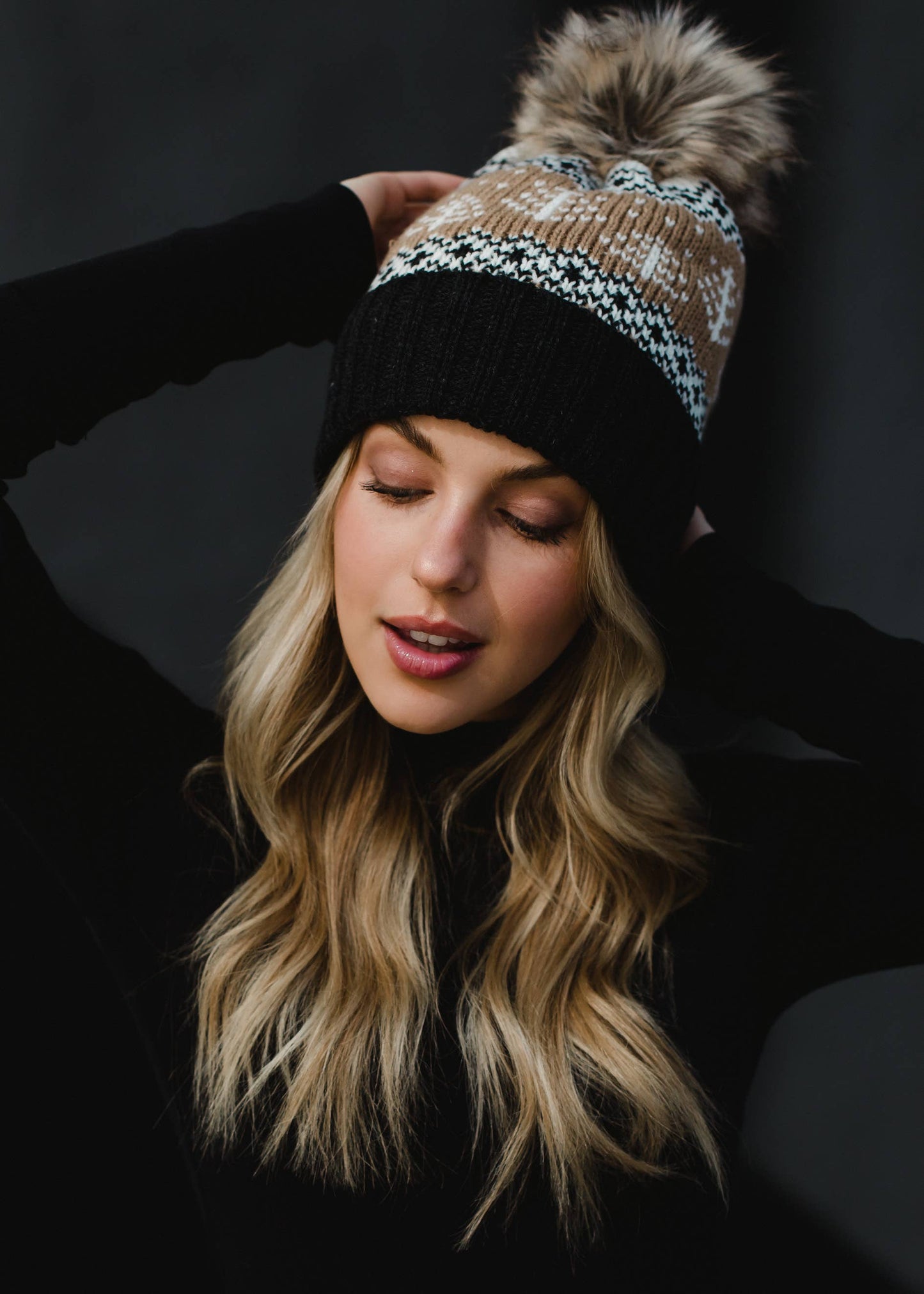Tan, White & Charcoal Winter Pattern Pom Hat