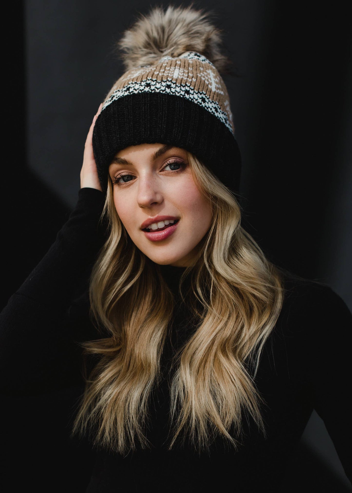 Tan, White & Charcoal Winter Pattern Pom Hat