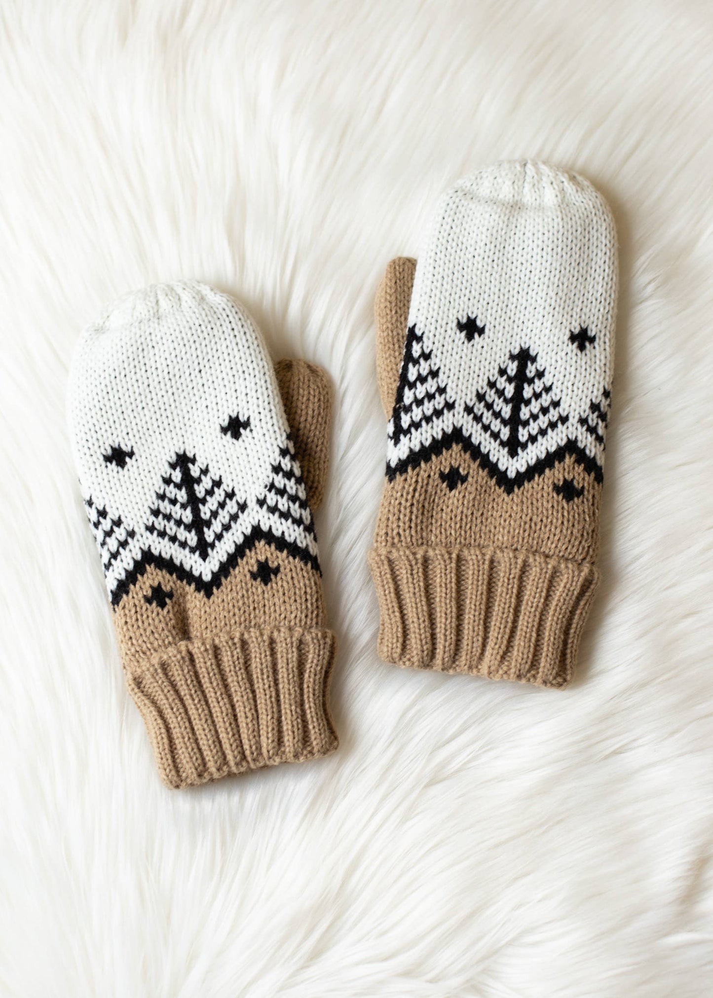 Tan, White & Black Fair Isle Mittens