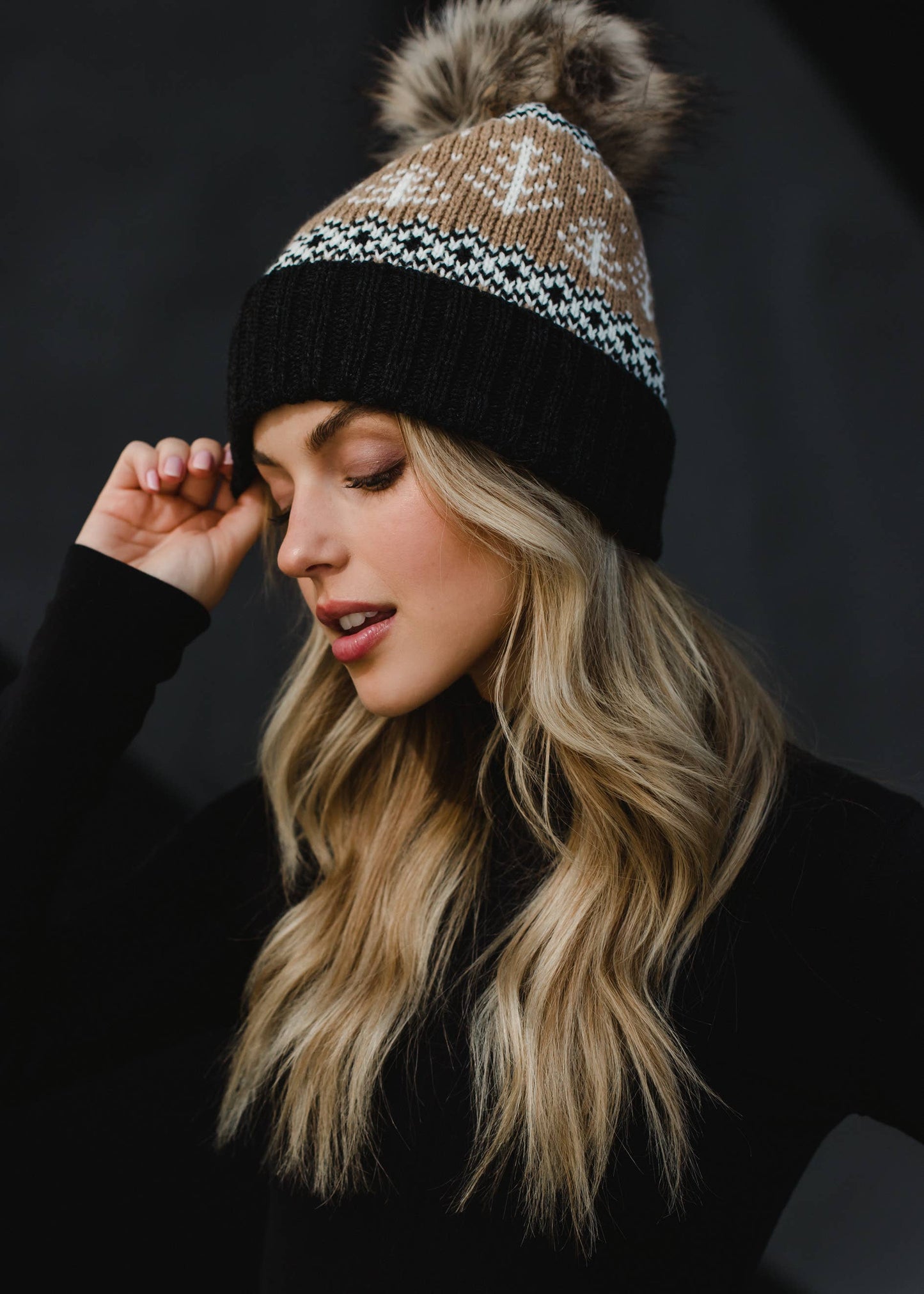 Tan, White & Charcoal Winter Pattern Pom Hat