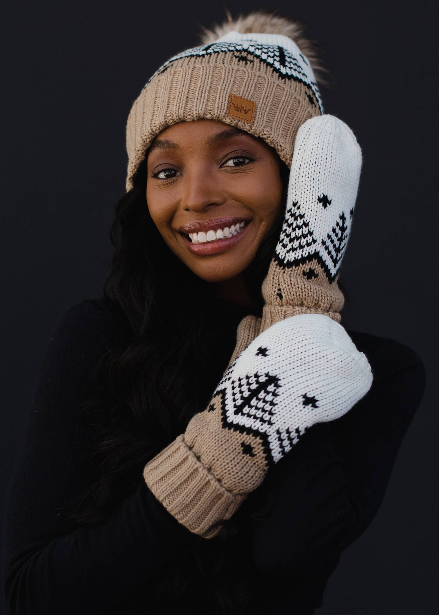 Tan, White & Black Fair Isle Mittens