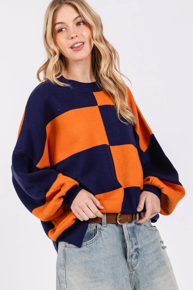PURPLE/YELLOW GAME DAY CHECKERED SWEATER