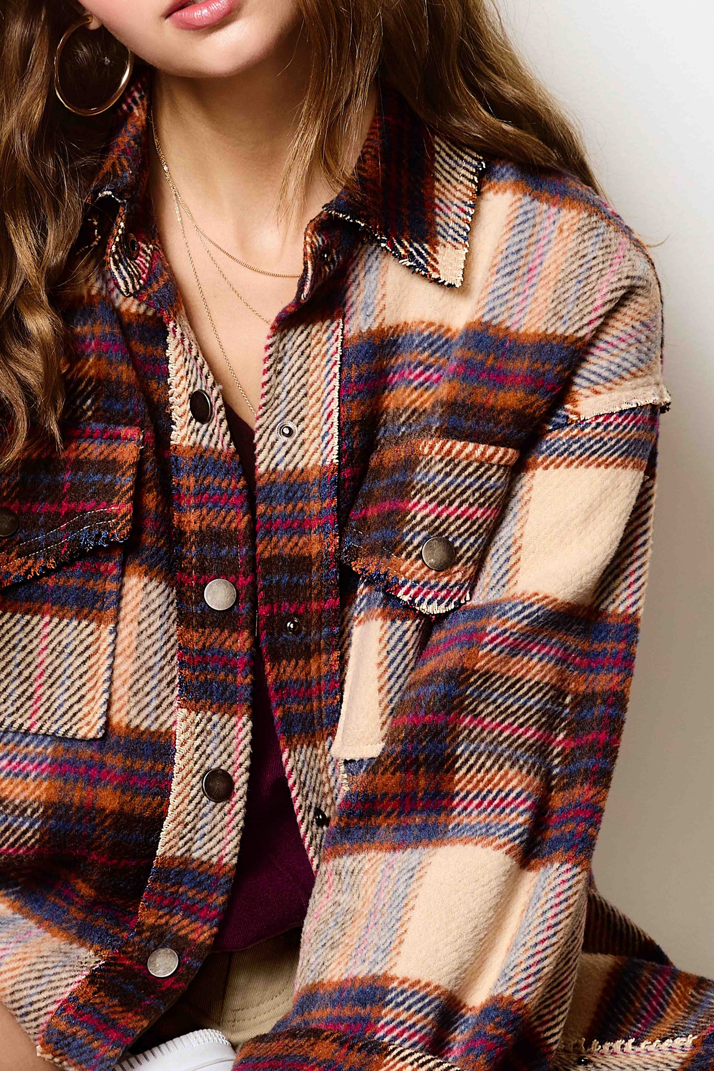 Loose Fit Raw Edge Plaid Shacket-Cocoa Multi