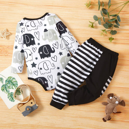 2pcs Elephant and Stripe Print and White Romper Set