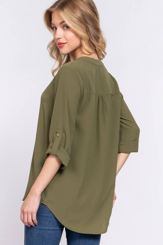 3/4 Roll Up Sleeve V-neck Woven Blouse -Olive