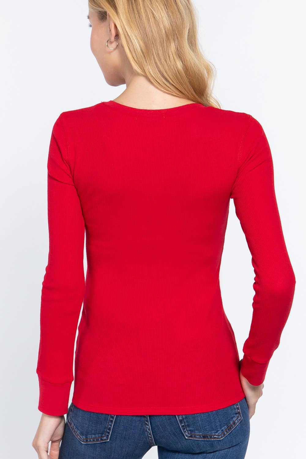 Long Sleeve Henley Thermal Knit Top -Red