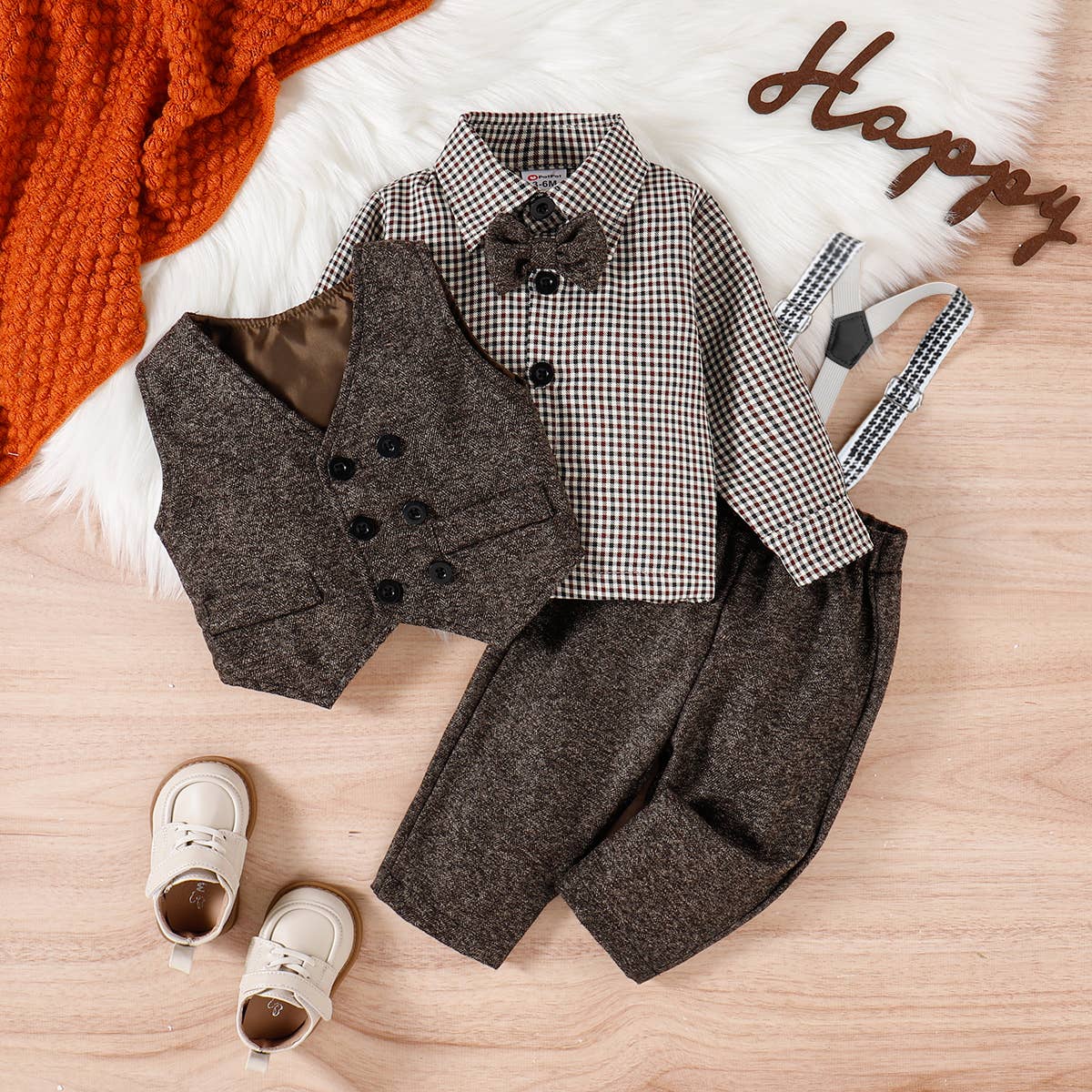 3PCS Baby Boy Elegant Grid/Houndstooth Shirt Collar Set