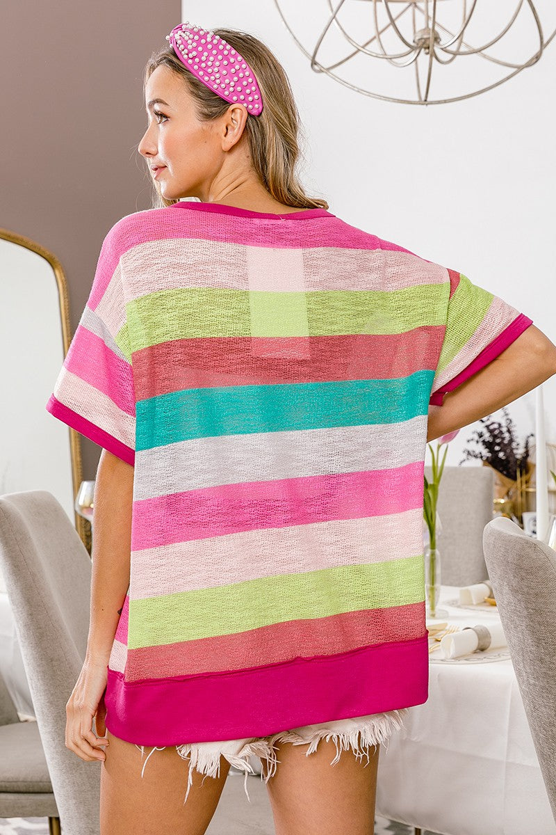 Multi Color Stripe Hacci Ringer Top - Fuchsia/Teal