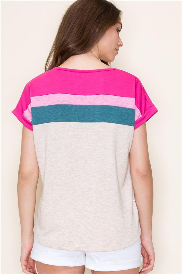 Round Neck Color Block Terry Top - Oatmeal/Pink