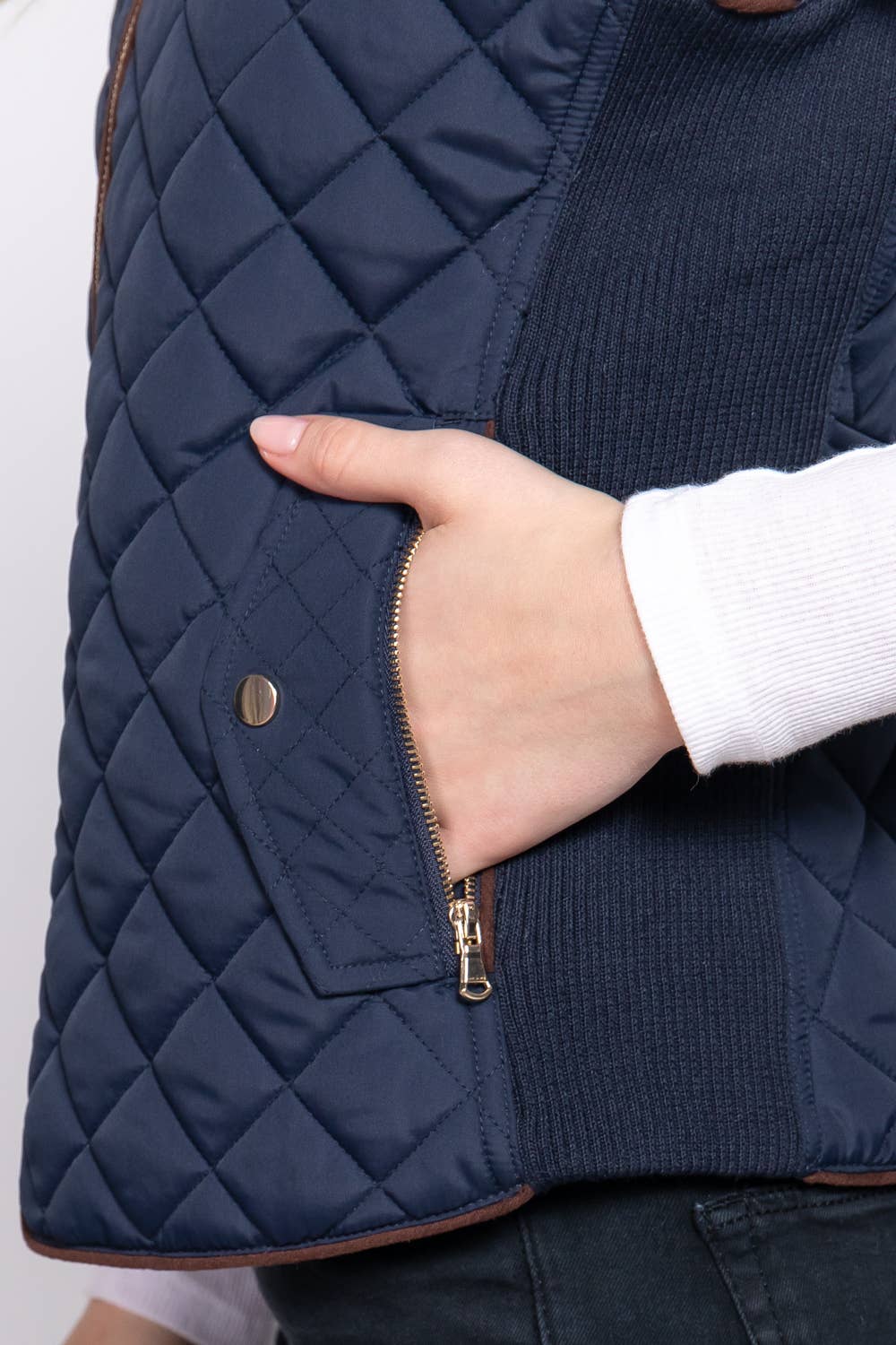 PLUS Suede Piping Quilted Padding Vest-Navy