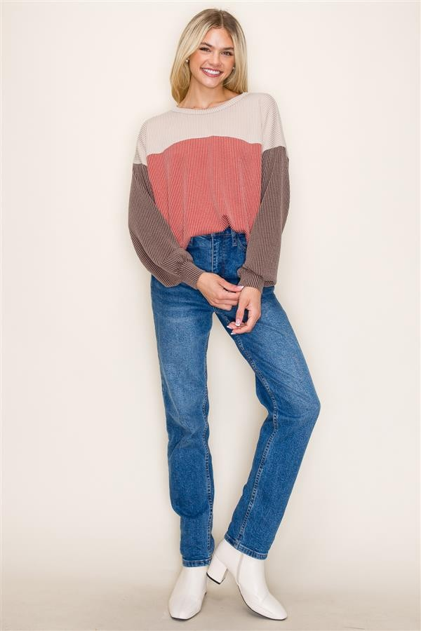 Crew Neck, Color Blocked, Knit Top - Rust/Taupe