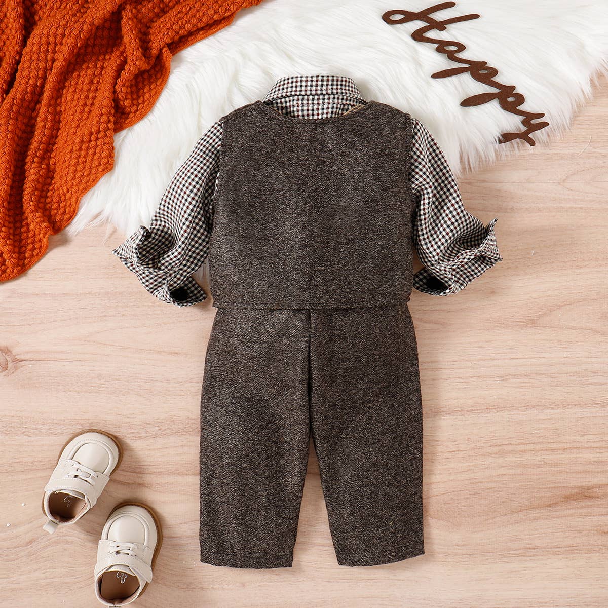 3PCS Baby Boy Elegant Grid/Houndstooth Shirt Collar Set