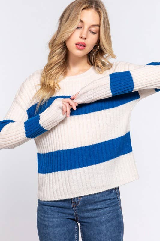 Long Sleeve Round Neck Stripe Sweater: Cream/Teal Blue