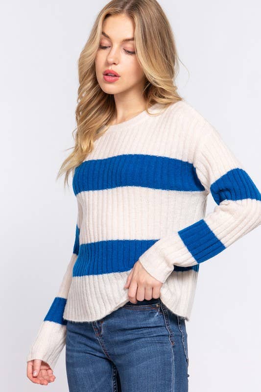 Long Sleeve Round Neck Stripe Sweater: Cream/Teal Blue